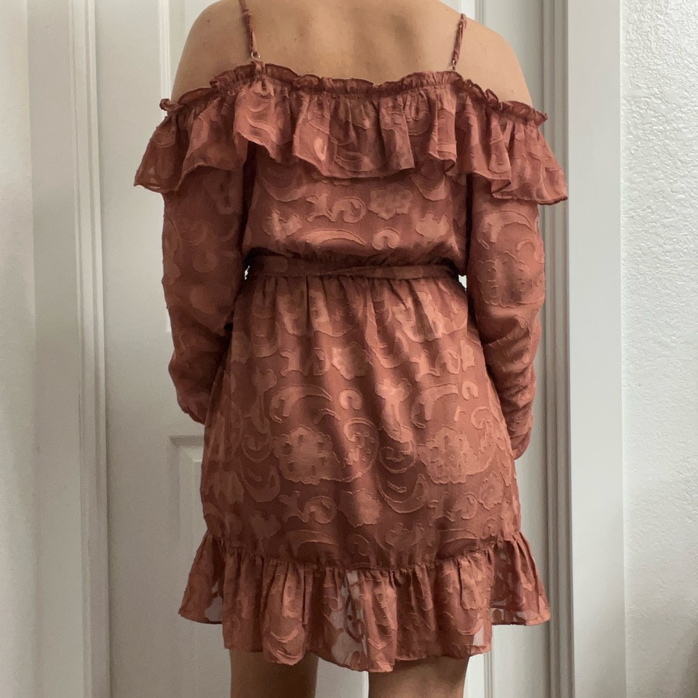 One-Shoulder Ruffle Wrap Dress in Rust - Picture 3 of 5